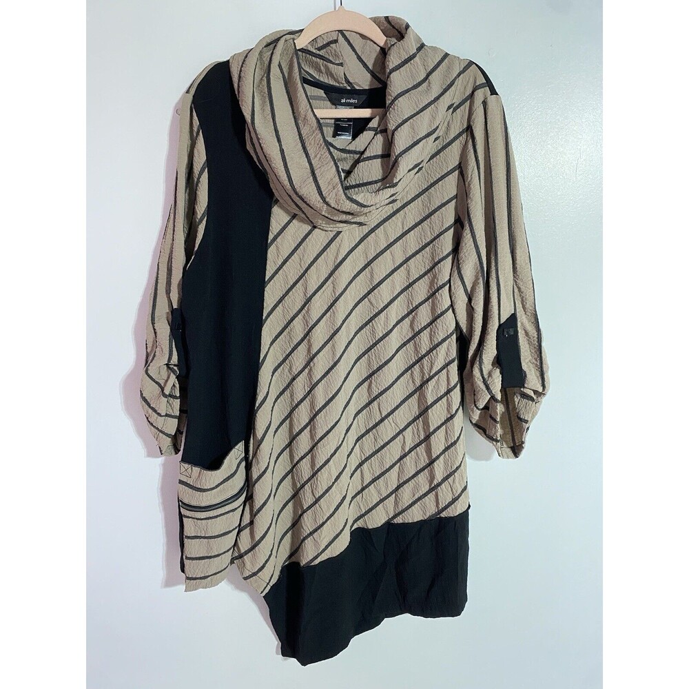 Ali Miles Tunic Top XL Tan Black Striped Boho‎ Artsy Cowl Office Elegant Career